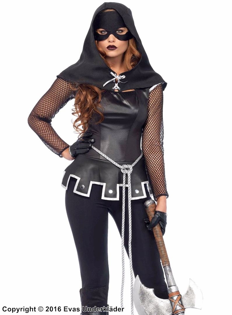 Female medieval executioner, costume catsuit, hood, fishnet sleeves